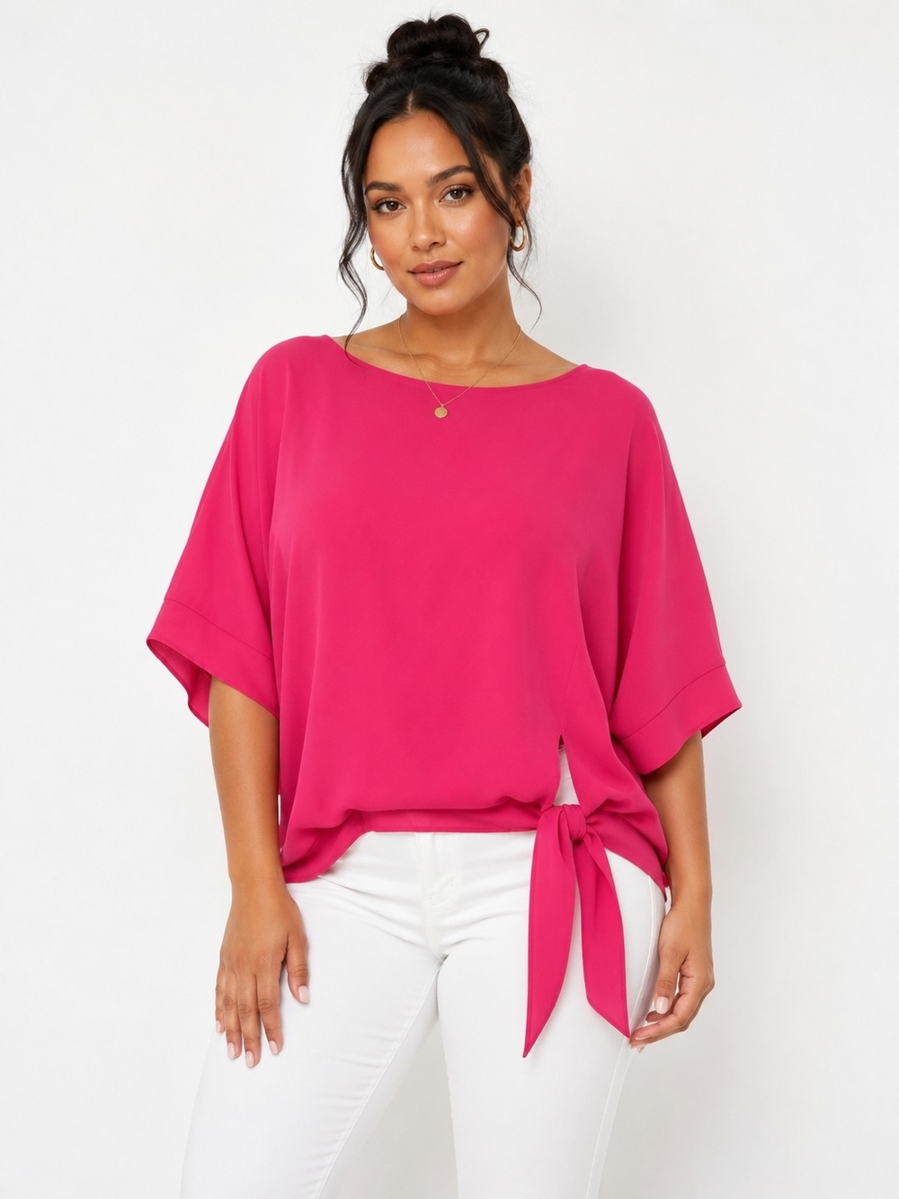 Women's Bright Pink Tie-Hem Blouse